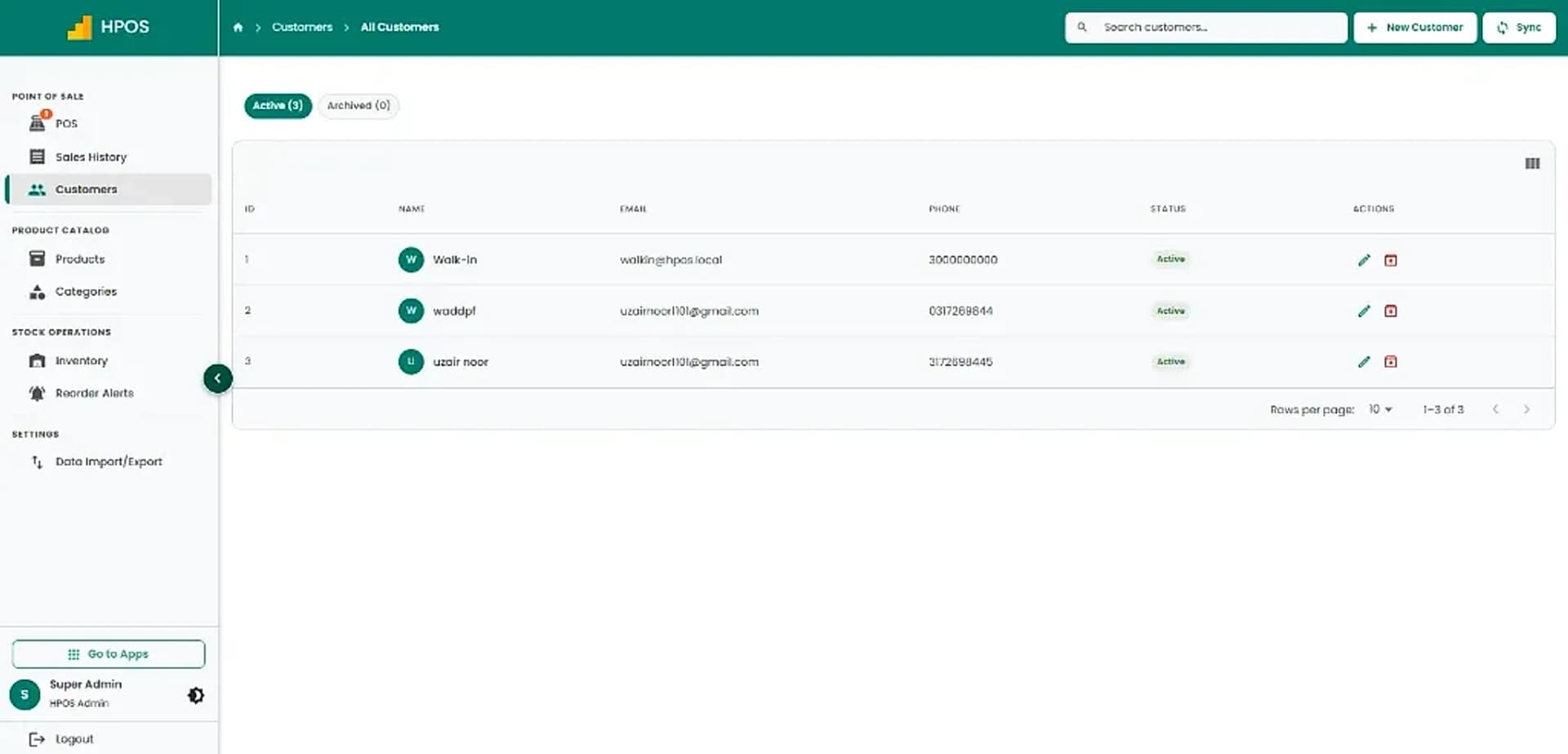 Hulm POS screen: Customer management