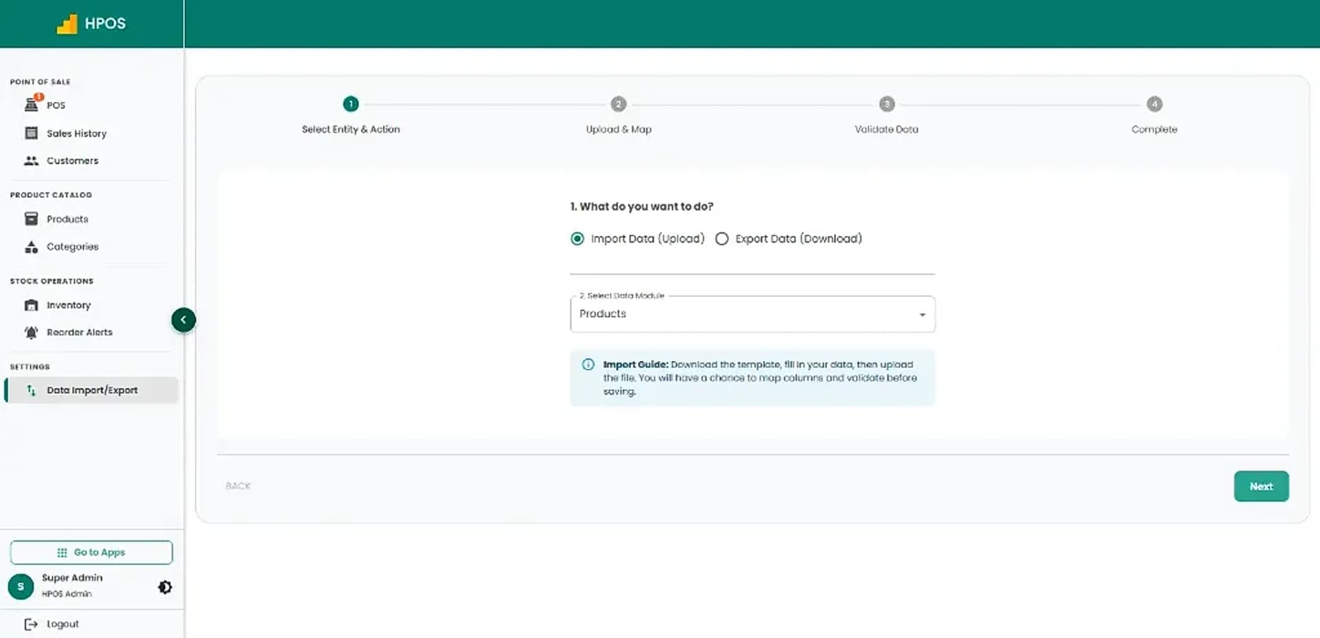 Hulm POS screen: Data import & export