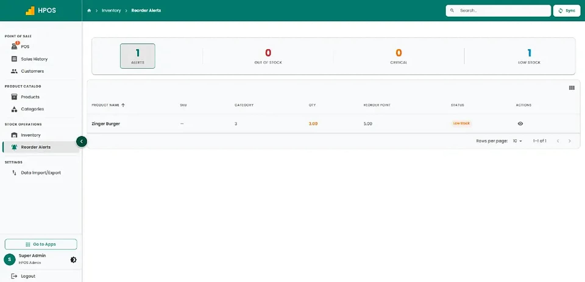 Hulm POS screen: Inventory reorder alerts