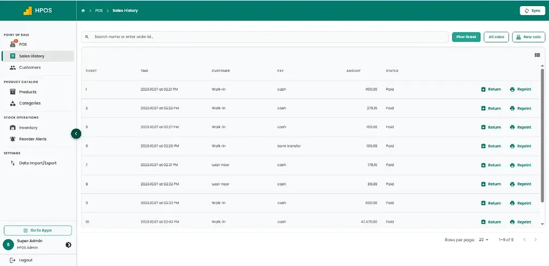 Hulm POS screen: Sales history & transaction records