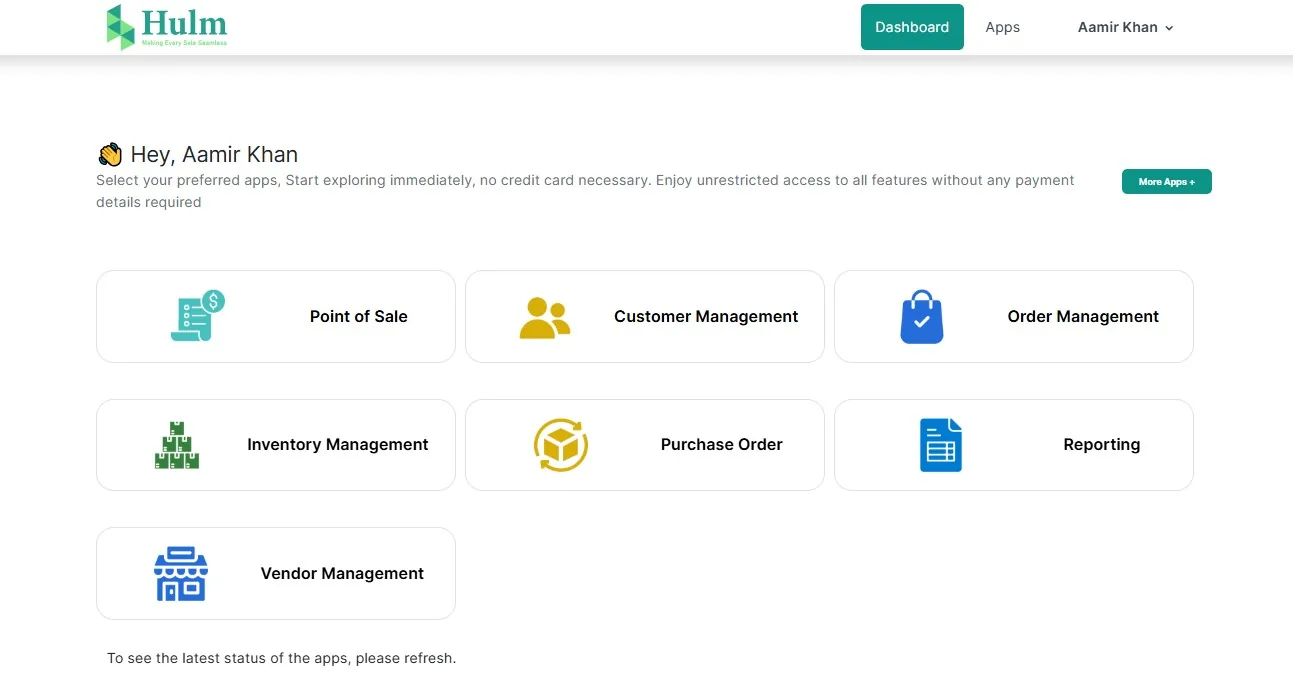 Hulm workspace showing POS, customer, order, inventory, purchase order, reporting and vendor apps (Customer Management)
