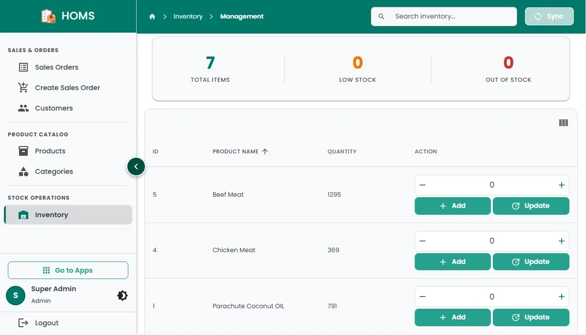 Hulm inventory management screen with total items, low stock and out-of-stock counts (POS software in Islamabad)