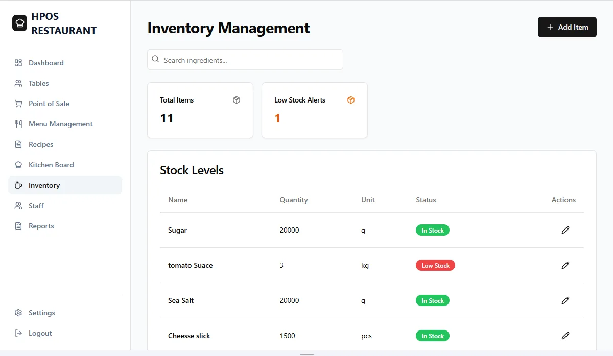 Hulm restaurant inventory screen with ingredient stock levels and low-stock status (Restaurant POS)