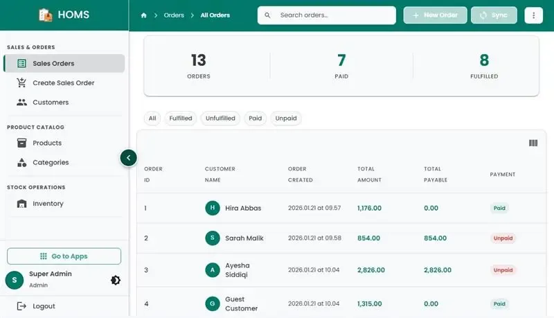 Hulm order management screen listing sales orders with paid and fulfilled status (POS software in Islamabad)