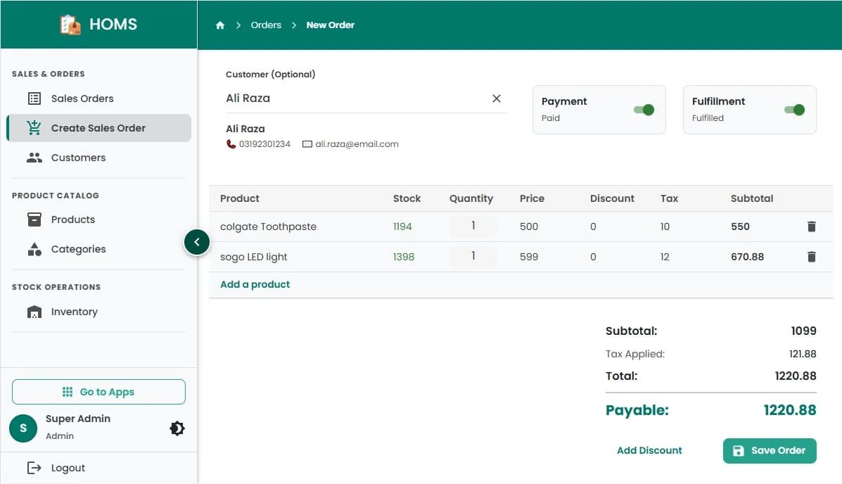 Hulm POS screen: Sales orders