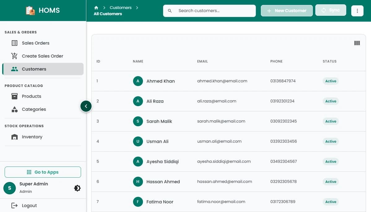 Hulm POS screen: Customer directory