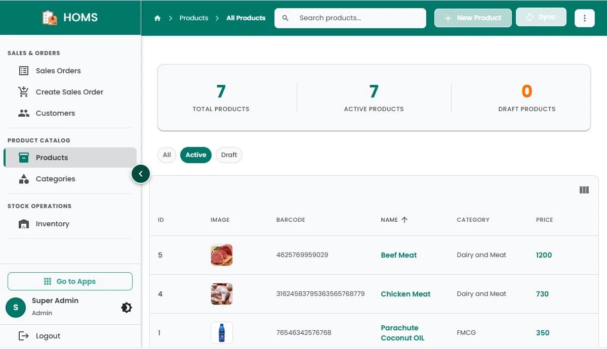 Hulm POS product catalogue screen