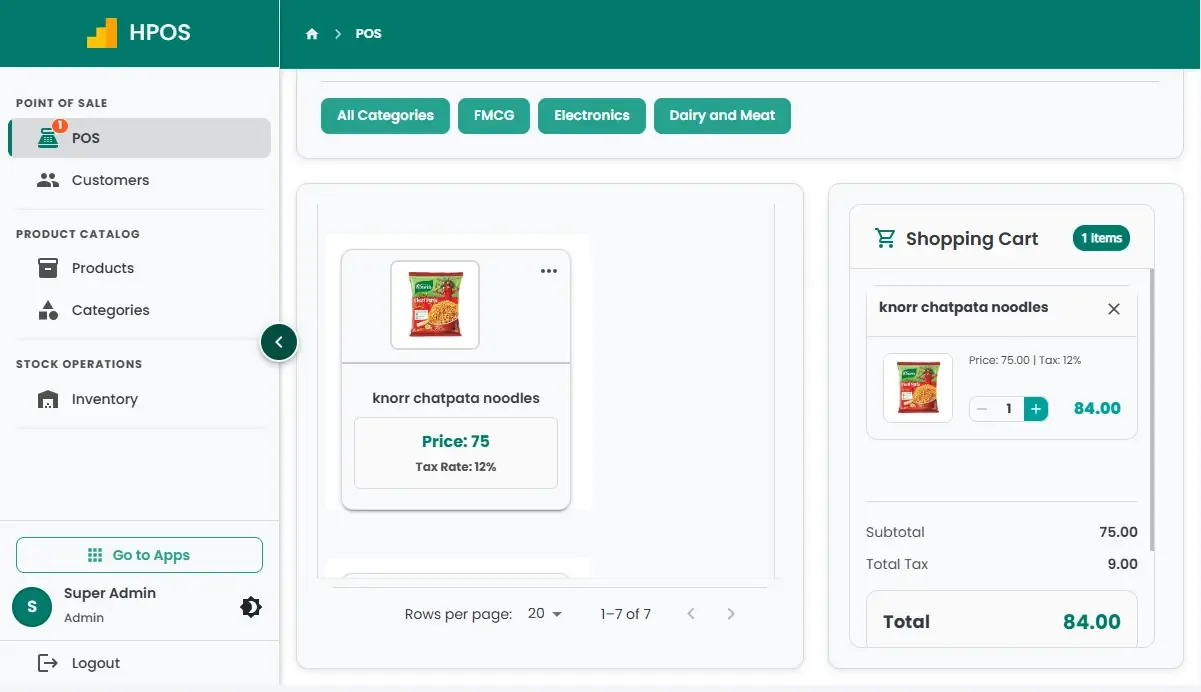 Hulm POS checkout screen with product catalogue and shopping cart (Mobile POS)