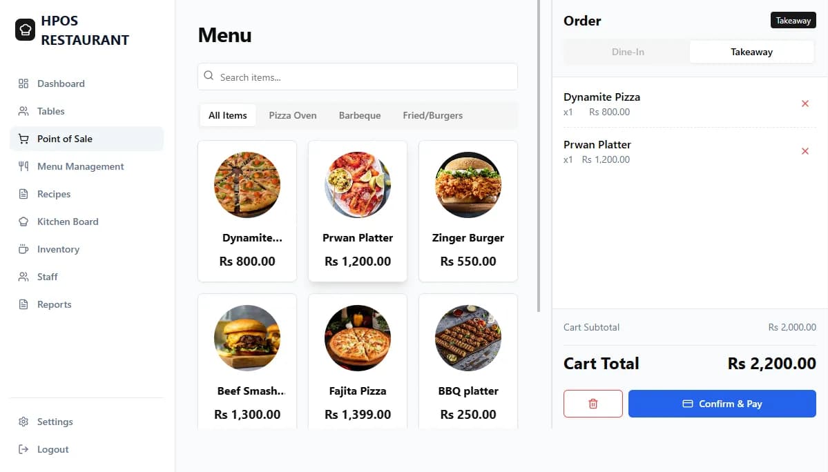 Hulm restaurant POS menu and order screen with takeaway cart (Restaurant POS)