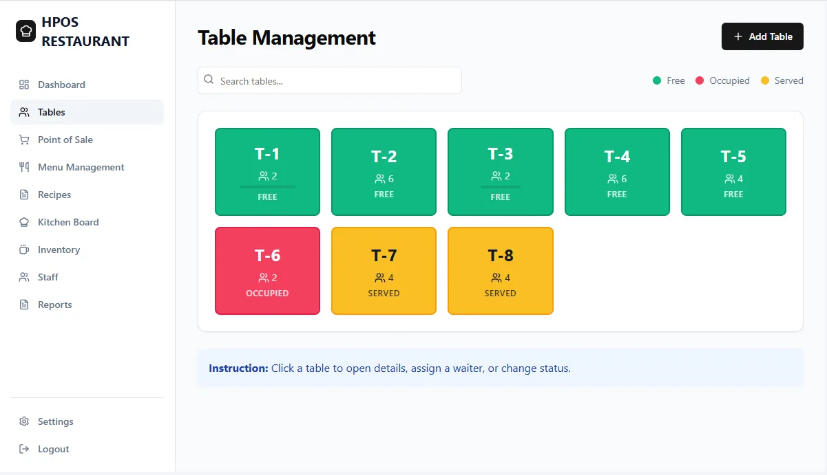 Hulm restaurant POS table management screen showing free, occupied and served tables (Restaurant POS)
