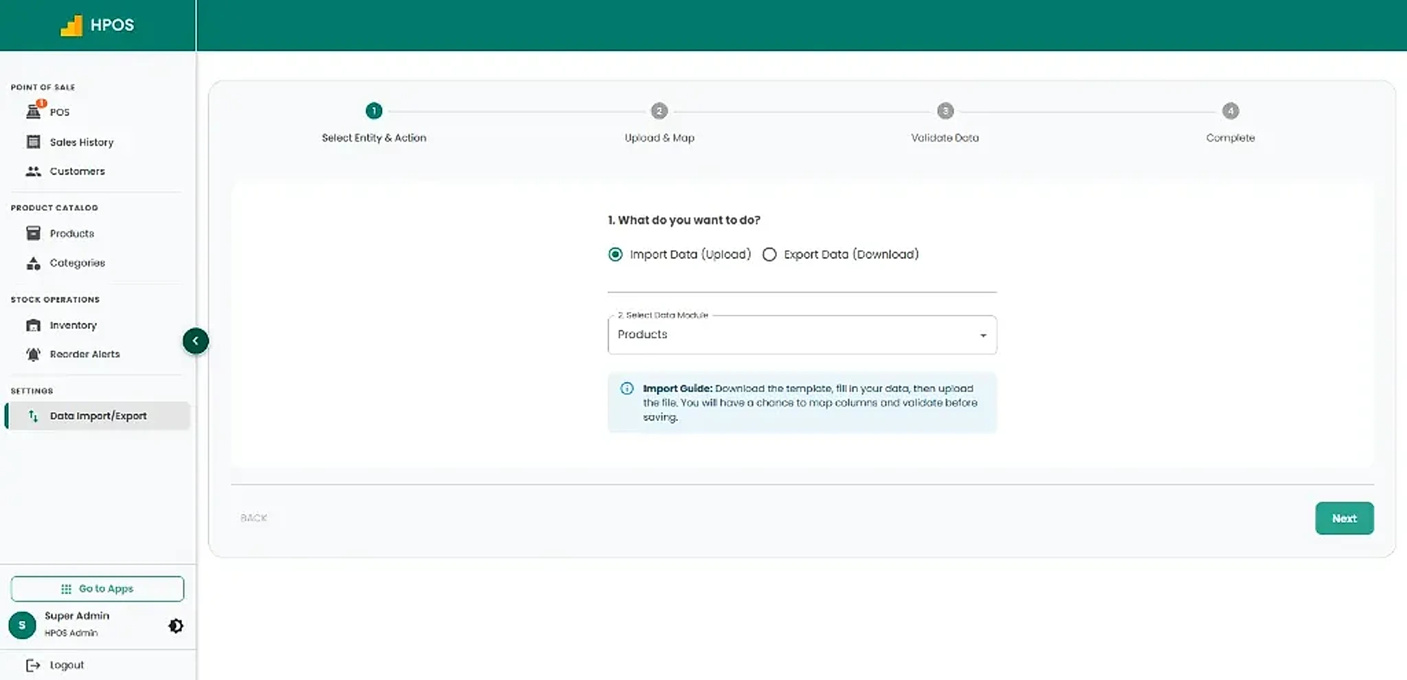 Hulm POS screen: Data import & export