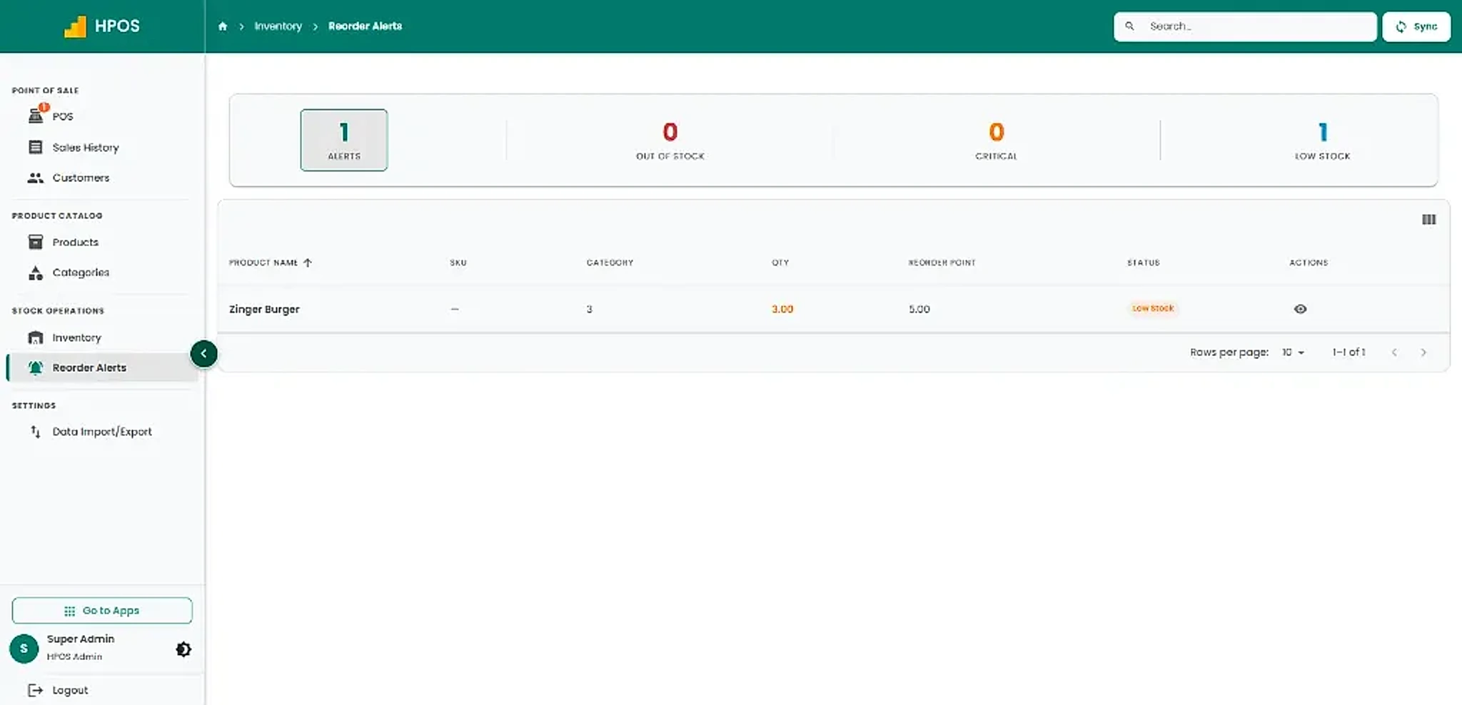 Hulm POS screen: Inventory reorder alerts