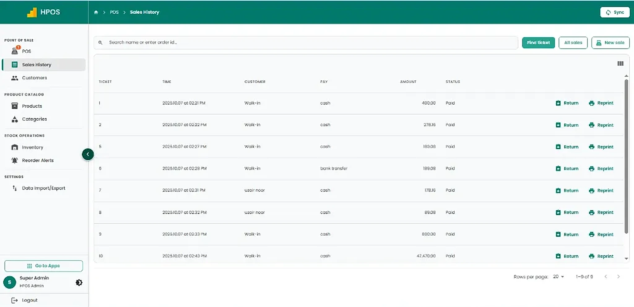 Hulm POS screen: Sales history & transaction records