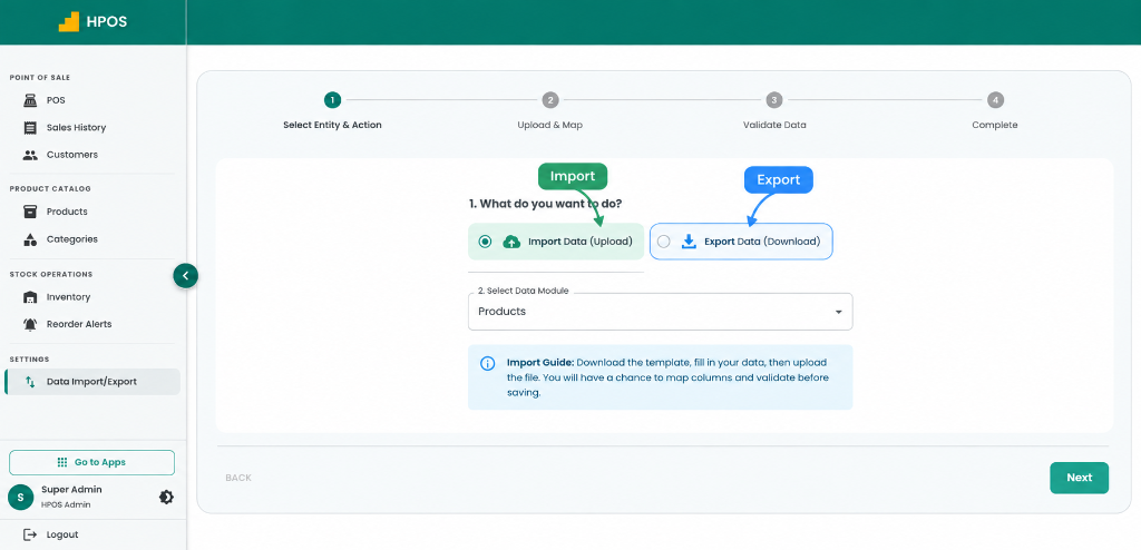 HulmPOS data import and export module interface for products and customers