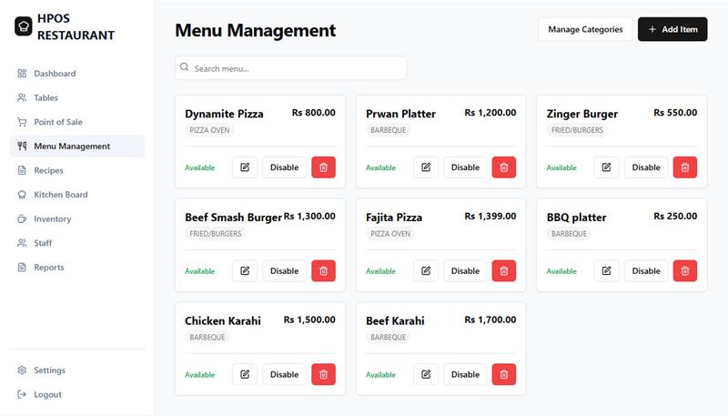 Hulm Restaurant POS Menu Management