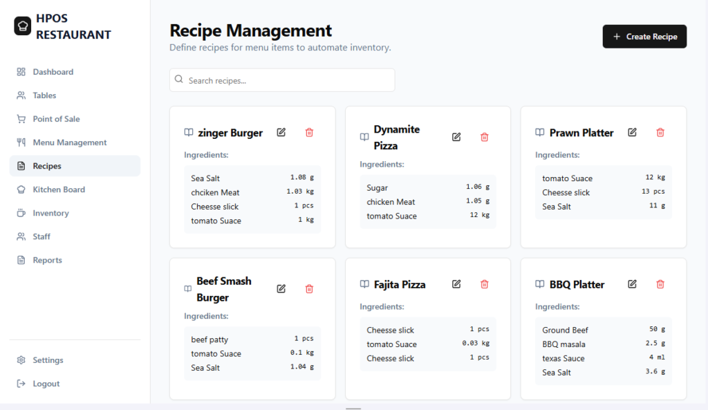 Hulm Restaurant POS Recipe Management