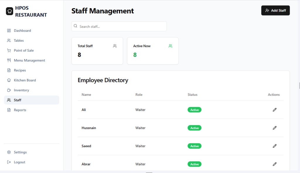 Hulm Restaurant POS Staff Management