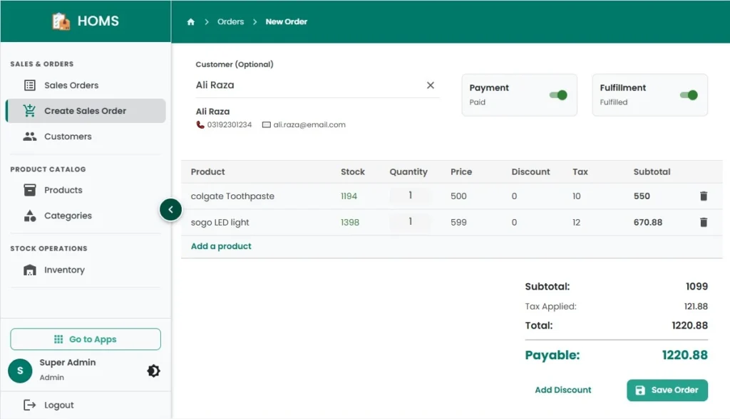 hulm solutions create sales order